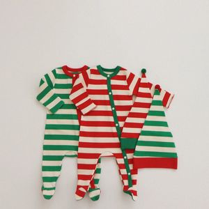 男の子の女の子のクリスマスコスプレロンパーズレッドグリーンストライプ生地新生児服