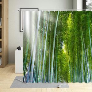 Shower Curtains Spring Green Bamboo Curtain Forest Natural Scenery Landscape Pattern Bathroom Screens Washable Polyester With Hooks Set
