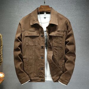 Mens Brown denimjacka Spring och Autumn Fashion High Quality Stretch Slim Fit Jacket Denim Men Brand Clothing 240327