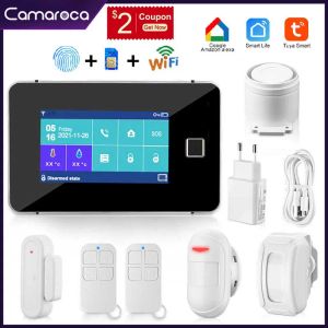 KITS CAMAROCA TUYA WIFI SISTEMA DE ALARME GSM SMART HOME Security Sensor sem fio Touch Tela de impressão digital Kit Funciona com Alexa