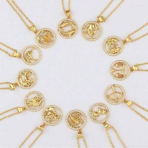 Collane a pendente in cristallo di strass cristallo Disco di moneta zodiacale per donne cravatta di gioielli con oroscopo zircone placcato in oro