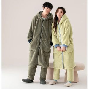 Women's Sleepwear High Quality Couple Solid Robe Winter Flannel Long Bathrobe Pant Hooded Home Clothing Thick Warm Men And Women Pijamas