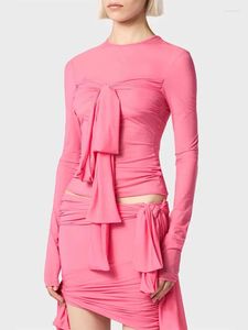 Zweiteilige Kleid Ailigou 2024 Sommer Frauen elegant 2-teilige rosa lange Ärmeln Sexy Top gefalteten Minirockfeier Urlaub