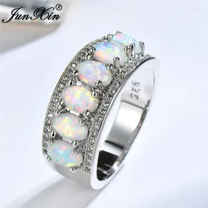 Mit Seitensteinen Boho Big White Fire Opal Stein Ring Vintage 925 Sterling Silber Eheringe Versprechen Liebe Herz Engagement für Frauen