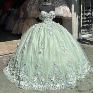 Mint Green Shiny Quinceanera Dresses Off The Shoulder Sweet 16 Gowns 3D Flower Applique Lace Tull Vestidos 15 De Quinceanera
