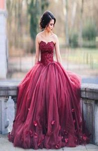Dark Red Ball Gown Prom Dresses Sweetheart Lace Tulle Petal Embellished Floor Length Evening Gowns 2018 Sweet 16 Dresses4677182