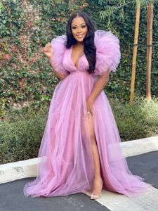 Casual Dresses Echoine Pink Sheer Mesh Sexig Deep V Neck Tiered Tulle Summer Long Maxi Dress for Women Puff Sleeve Ruffles Tutu Female