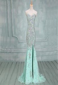 Sweetheart Mermaid Elegant Mint Prom Dresses Side Slit Beaded Silver Stones Aftonklänningar Sparkly Sexig formell Long Pageant Custom 7506393