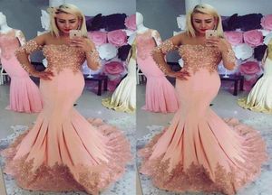 Pink Mermaid Long Sleeve Prom Dresses Crystal Lace Ruffle Formal Evening Gowns Sheer Neck Zipper Back Sweep Train Cocktail Dresses3906530