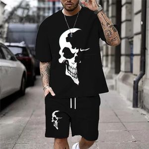 Summer Casual Mens Skull Print Tshirt Set Fashion Streetwear Tees Loose Overdimensionerade andningsbara mjuka korta ärmar och shorts 240403