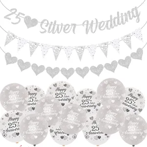 Party Decoration Silver Glitter Banners for Jubileum Bunting Flag and Balloons 25th Par Decorations