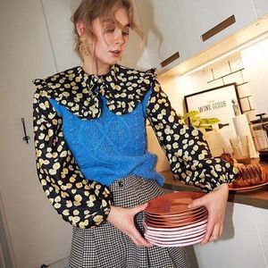 Blouses femininas 2024 DOT PARATO DE Autumn Crepe Puffle Big Collar Women Loose Shirt