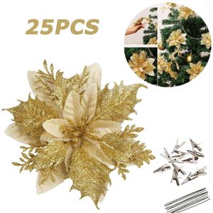 Dekorative Blumen 25 14 cm/5,5 Zoll Glitzer Gold Pulver Weihnachten Rotkünstig mit Stielen.