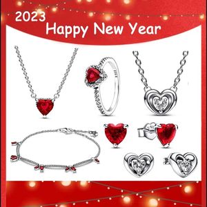 925 Silver High Quality Shiny Red Heart Diamond Necklace Earrings Ring Sparkling Heart Halo Pendant Collier Necklace Red Heart Pendant necklaces