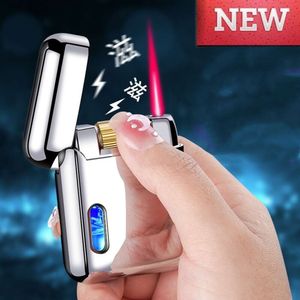 2023 Fashion Metal Windproof Red Flame Torch Cigar Butane Without Gas Lighter LED Luminous Without Gas Chamber Electronic Ignition Men's Gift