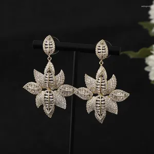 Dangle Earrings Luxury Sparkling Hollow Out Leaf Long For Women Zircon Crystal CZ African Dubai Bridal Earring A0179