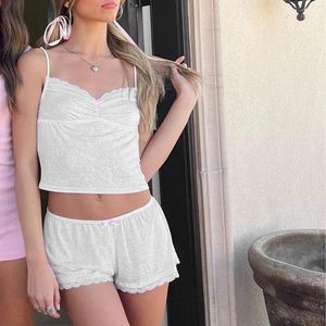 Home Clothing Women's 2 Piece Lounge Sets Sleeveless Cami Tops Lace Trim Shorts Sleepwear Nightwear Pajamas Spaghetti Strap Wears