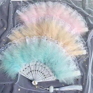 Decorative Figurines Feather Lace Folding Fan Lolita Japanese Sweet Fairy Dark Gothic Court Dance Hand Wedding Party Decor