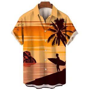 남성 캐주얼 셔츠 해변 서핑 남성용 의류 3D 인쇄 하와이 비치 짧은 슬리브 Y2K Tops 빈티지 옷 옷깃 블라우스
