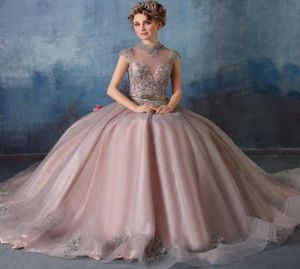 2019 جديدة عالية الرقبة quinceanera فساتين الدانتيل مع ثوب الكرة من الكريستال الحلو 16 العباءات حفلة موسيقية فيديس دي كوينسيانرا 1843163