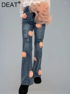 Kvinnors jeans höga midja 3d flera blommor trasiga hål rak breda ben denim byxor 2024 sommarmode 29l7213