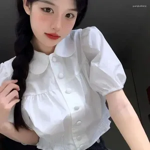 Kadın bluzları Koreli sevimli bebek yaka beyaz gömlekler güzel puf kolu yaz bluz y2k mahsul üstleri tatlı kızlar öğrenciler up blusa