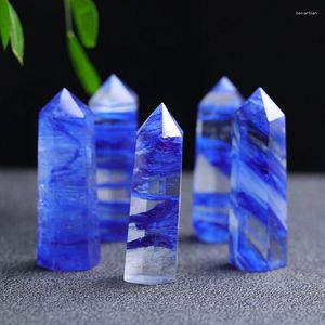 Estatuetas decorativas azuis de fundição azul de cristal de ponta única de coluna hexagonal ornamentos decoração em casa