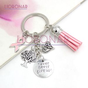 Novo chegada no atacado de câncer de mama conscientização rosa borla de fita de chavel keyring cardíaco árvore nunca desiste de charms jóias de cadeia de chaves