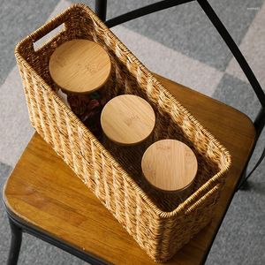 Storage Bottles Imitation Rattan Weave Basket Japanese Style Bin Large Capacity Hollow Handle Woven Desktop Finishing