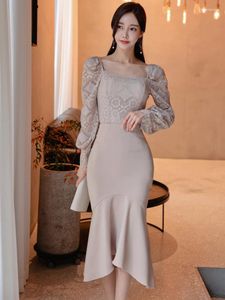 Work Dresses Fashion Spring Autumn 2 Pieces Outfits Women Clothing Elegant Pretty Lace Tops Shirt Blouse High Waist Midi Skirt Mujer Slim