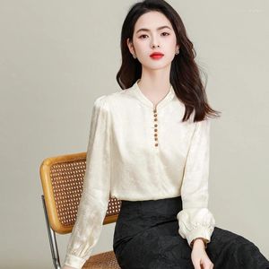 Kvinnors blusar 2024 Spring Summer Women Beige Silk Shirts For Office Lady Oriental Retro Style Topps Elegant Bamboo Pattern Jacquard Shirt