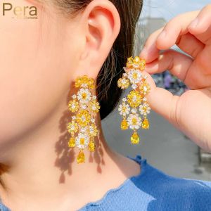 Brincos pera deslumbrantes amarelos amarelos Druzy CZ White Gold Color longo