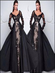 2019 Deep V Neck Black Evening Dresses Detachable Skirt Lace Applique Elegant Evening Gown Formal Dress 20182498320