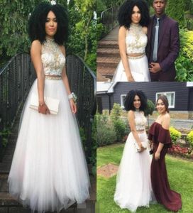 2k17 New Two Pieces Prom Dresses High Neck Lace Beaded Backless Crystals Tulle Aline Evening Party Gowns Formal Party Gowns2506479