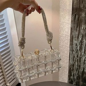 Diamond Clear Acrylic Box Evening Clutch Bags Women Boutique Woven Knutt Rope Rhinestone Purse and Handbags Wedding Party Ins 240321