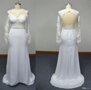 Scheide Brautkleider reine lange Ärmel Guipure Spitze Satin mit Chiffon bodenlange echte Bilder Brautkleider7903423