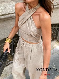 Kondala streetwear khaki linne passar kvinnor ärmlös halter sexig gröda toppar kvinnorhög midja breda benbyxor modeuppsättningar 240326