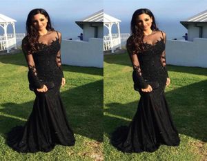 2017 Sexy Arabic Evening Dresses Jewel Neck Illusion Lace Appliques Crystal Beaded Black Mermaid Long Sleeves Formal Party Dress P6007280