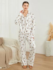 Home Clothing Women's 2 Piece Pajama Set Long Sleeve Lapel Button Up Shirt Wine Glass Print Pants Sets Casual Sleepwear Loungewear Outfits