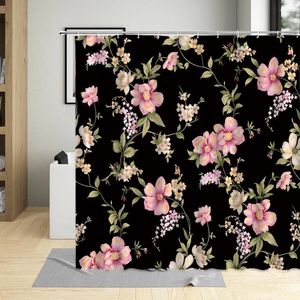 Shower Curtains Flower Curtain Red Floral Black Tropical Plant Leaf Background Pattern Bathroom Decor Polyester Cloth Hanging Set