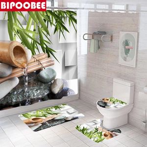 Shower Curtains Zen Stone Bamboo Leaf Curtain Set Durable Non-slip Carpet Bath Mats Flowing Water Pattern Bathroom Toilet Cover