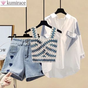 Spring Summer Stried Patchwork White Blouse Love Shorts Denim Personality gilet a tre pezzi Eleganti pantaloncini da donna set 240325