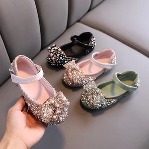 Baby Girls Pink Rhinestone Princess Party Shoes Childrens Pearl Bow Dancing Flats Toddler Kids Shining Performance Shoes 240326