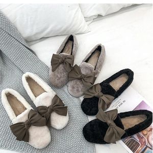 Casual Shoes Wed Celebrity Cotton Moccasins Square Toe Bowtied Slip On Lazy Loafers Comfort Women Ballet Flats Winter Solid Boat