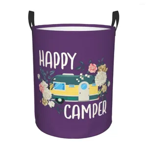 Tvättpåsar Happy Camper Flowers Print Basket Collapsible Cartoon RV Camping Baby Hamper For Nursery Toys Organizer förvaringsfack