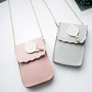 Bag Mini Cell Phone Shoulder Pocket Pouch Case Chain Strap Cute Pearl Leaf Decoration Lady Messenger Universal Pu Leather