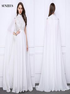 Lange weiße Abendkleider Spitze hoher Nacken formelle Kleider mit langen Cape Elegante Chiffon -Partykleider saudi -arabischer Caftan7627898