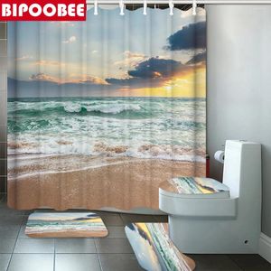 Shower Curtains Sea Waves Vacation Beach 3D Curtain Ocean Scenery Pattern Bathroom Accessories Bathtub Screen Non-slip Carpet Bath Mat