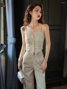 Women's Two Piece Pants French Stripsling Vest Wide Leg Two-piece Set Women Sleeveless Temperament Single Breasted Spicy Cool Slim Summer