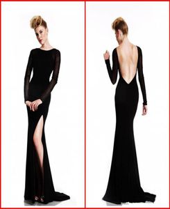 Seksowne sukienki wieczorne z długim rękawem z długim rękawem Batau Sheer z koralikami czarna wysoka siatka syrena Maxi Sieknięcie pociągiem formalne sukienka GOW7125905